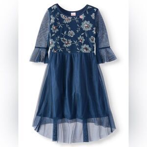 Navy blue lace floral mesh embroidered formal girls dress long sleeve XL 14-16